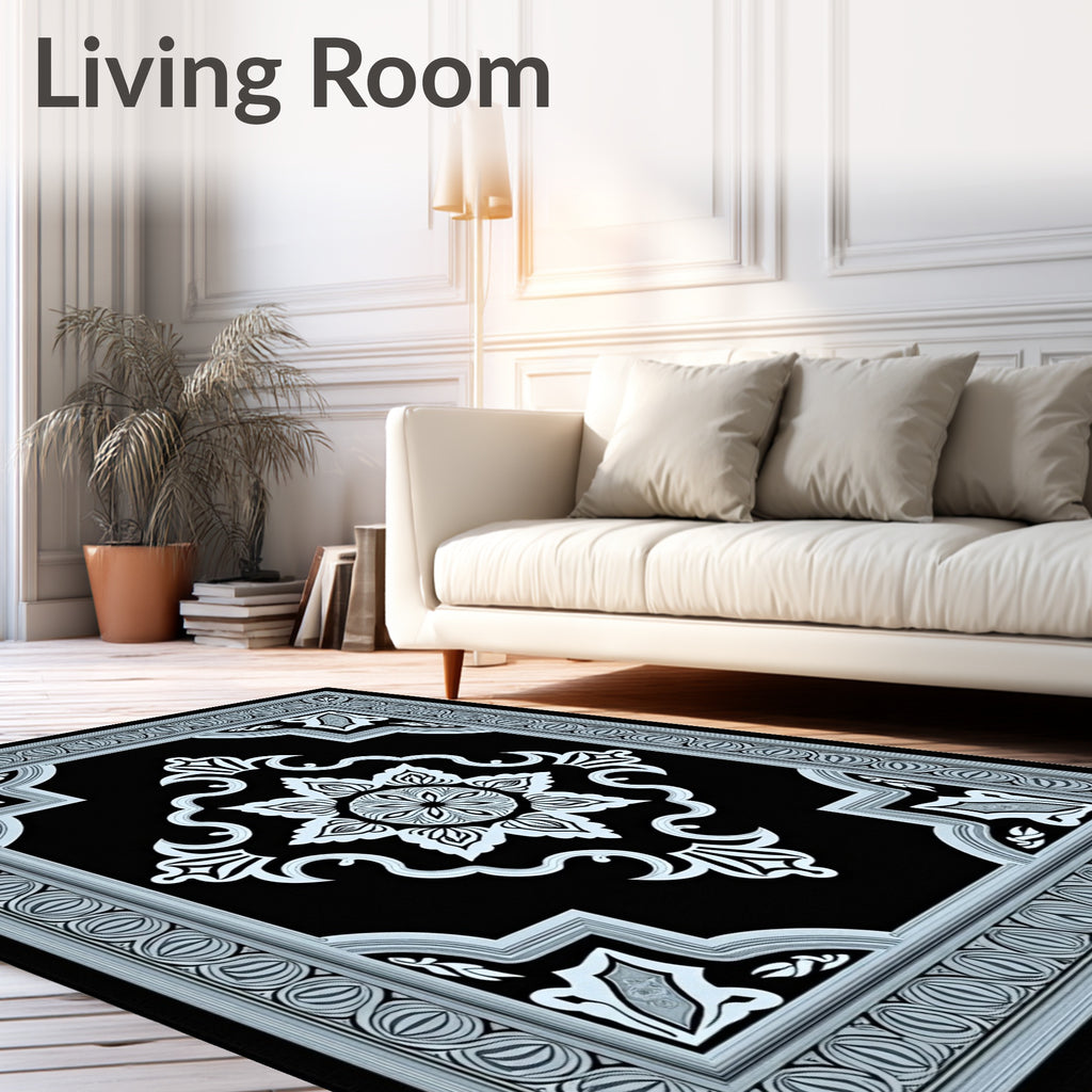 Elegant Black White Floral Medallion Frame Rug