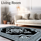 Elegant Black White Floral Medallion Frame Rug