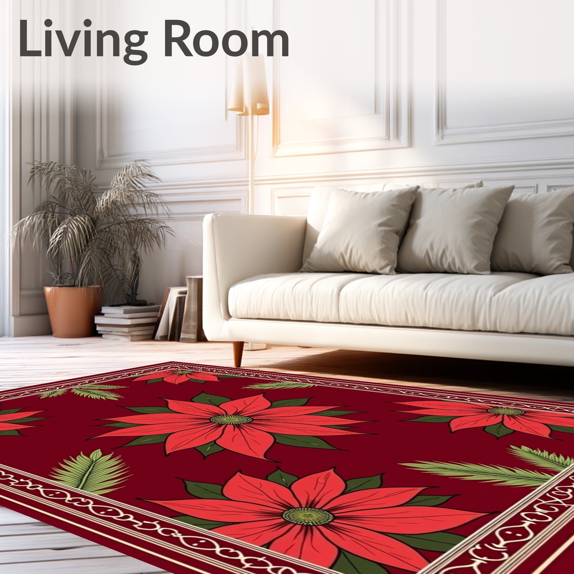Vibrant Red Floral Bordered Poinsettias Rug
