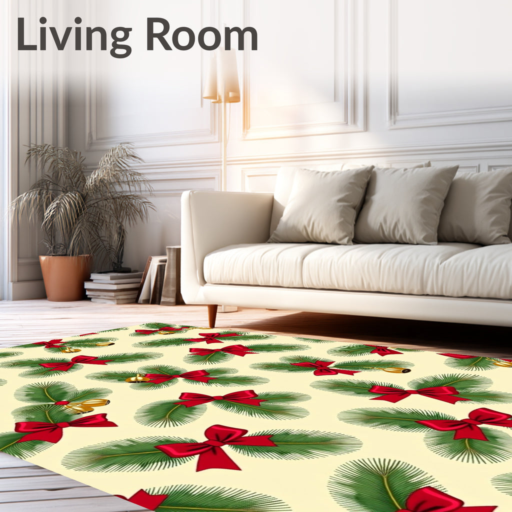 Festive Pine Sprigs Red Bows Golden Bells Rug