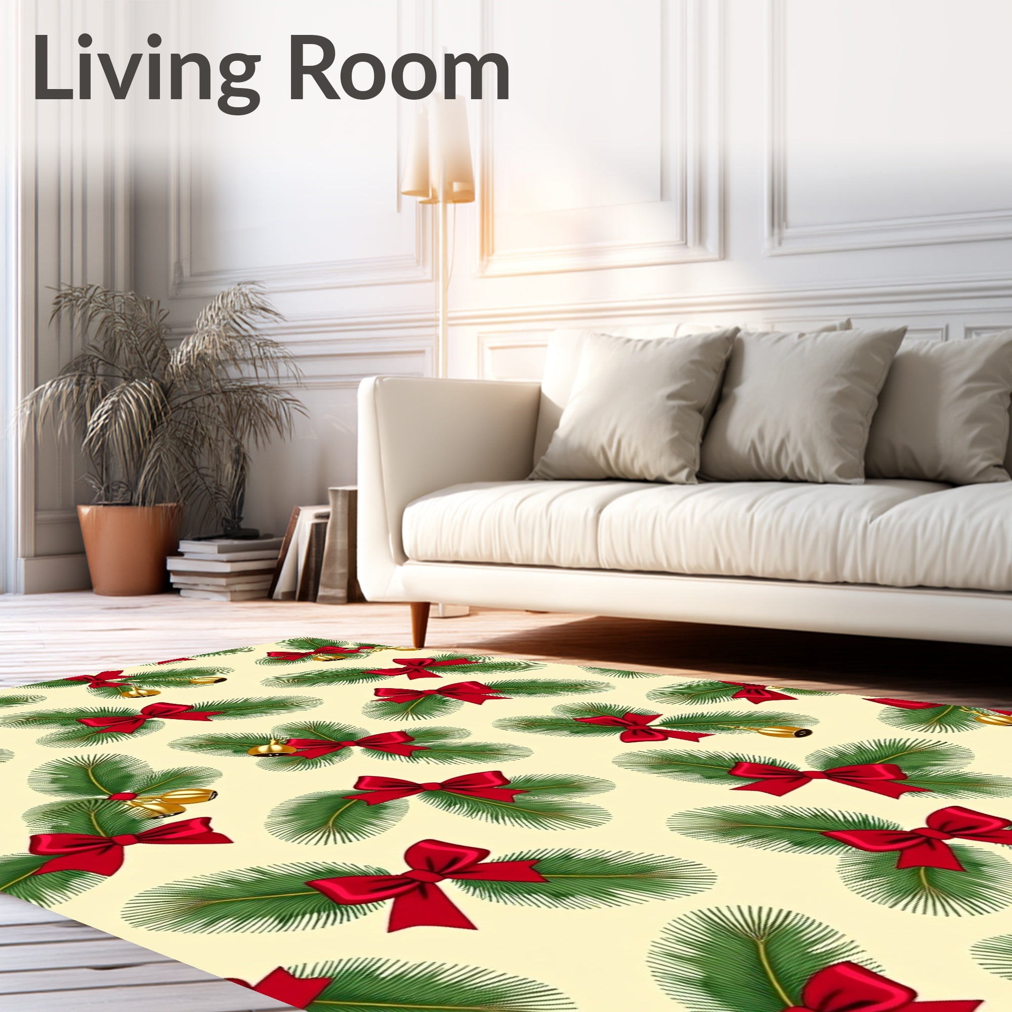 Festive Pine Sprigs Red Bows Golden Bells Rug