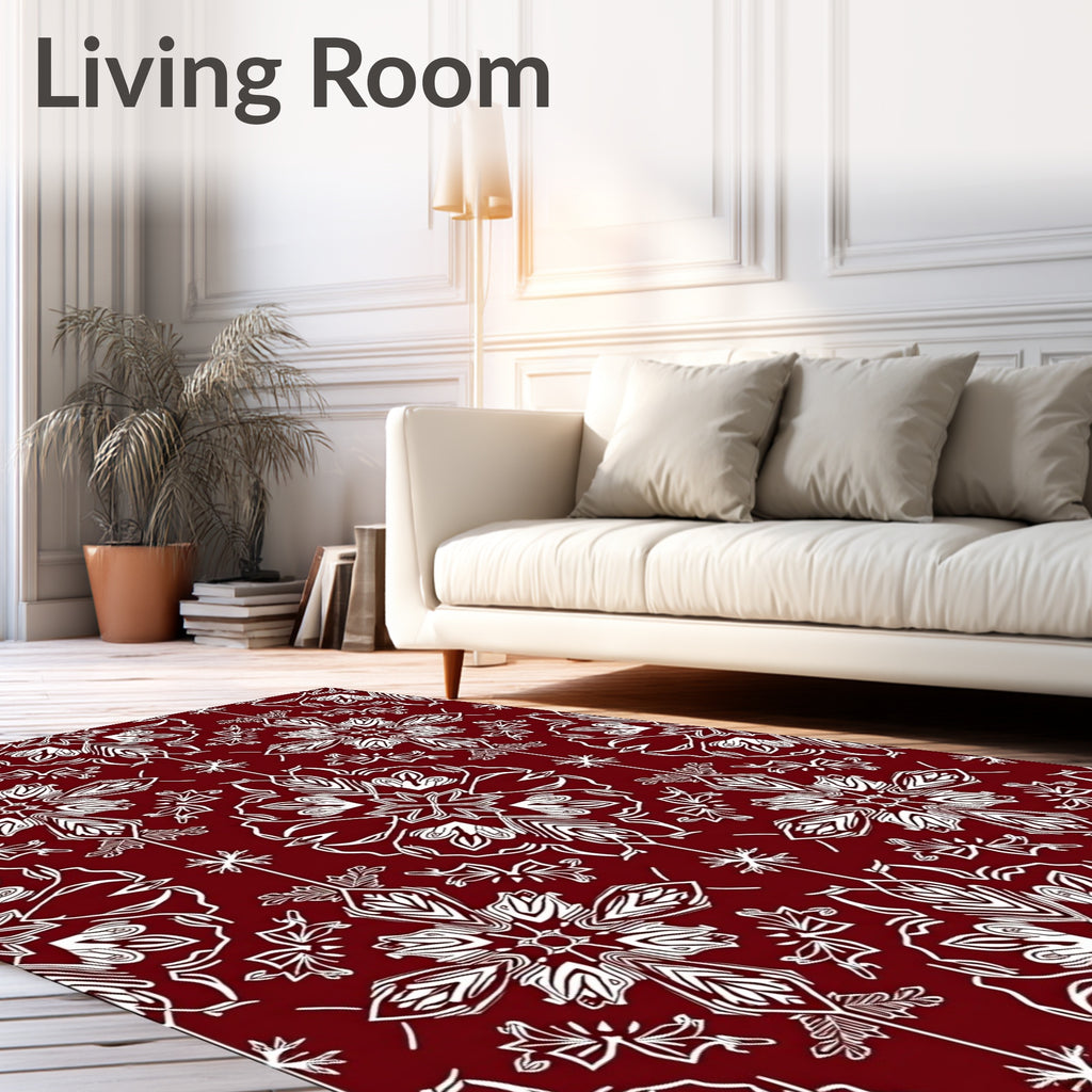 Deep Red White Medieval Floral Rug
