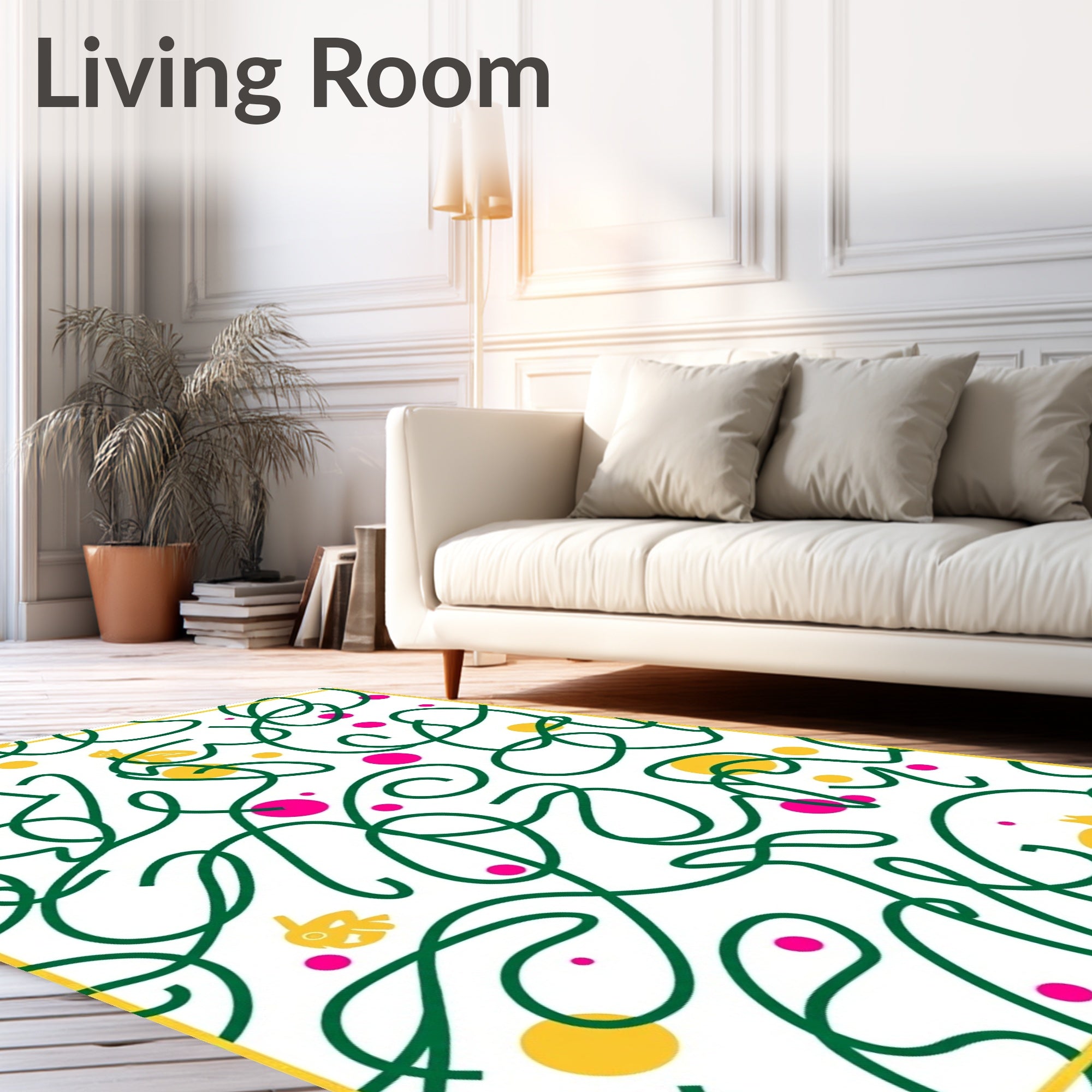 Whimsical Yellow Bird Green Swirl Rug