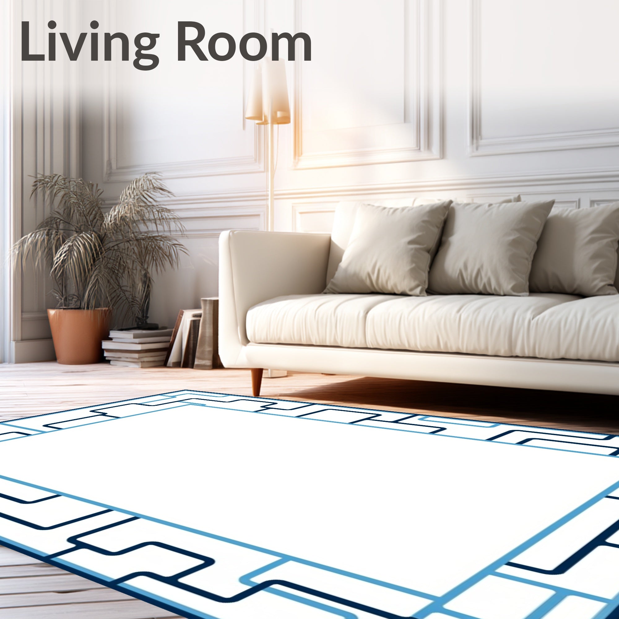 Navy Light Blue Geometric Interlocking Border Rug