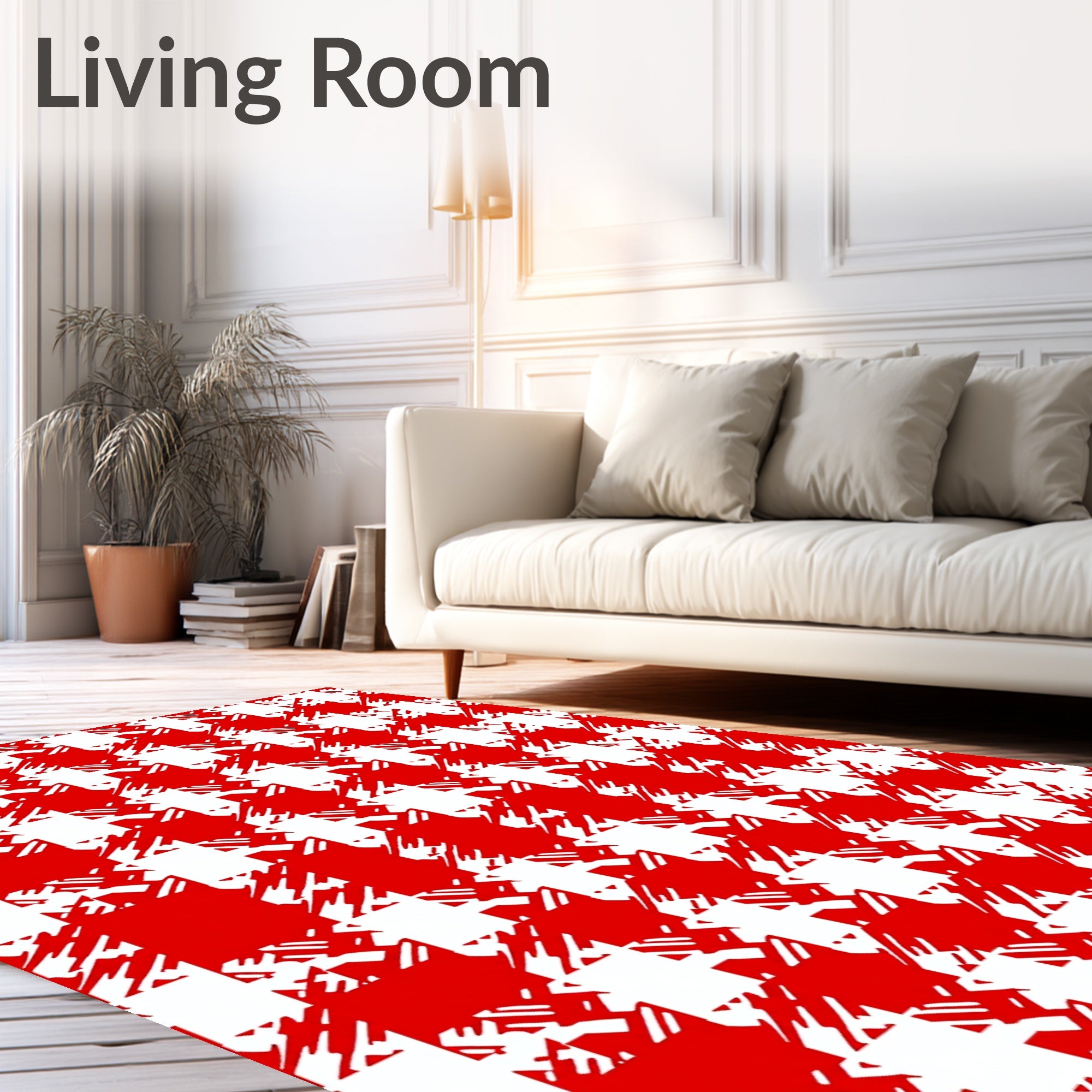 Red White Distressed Houndstooth Check Rug