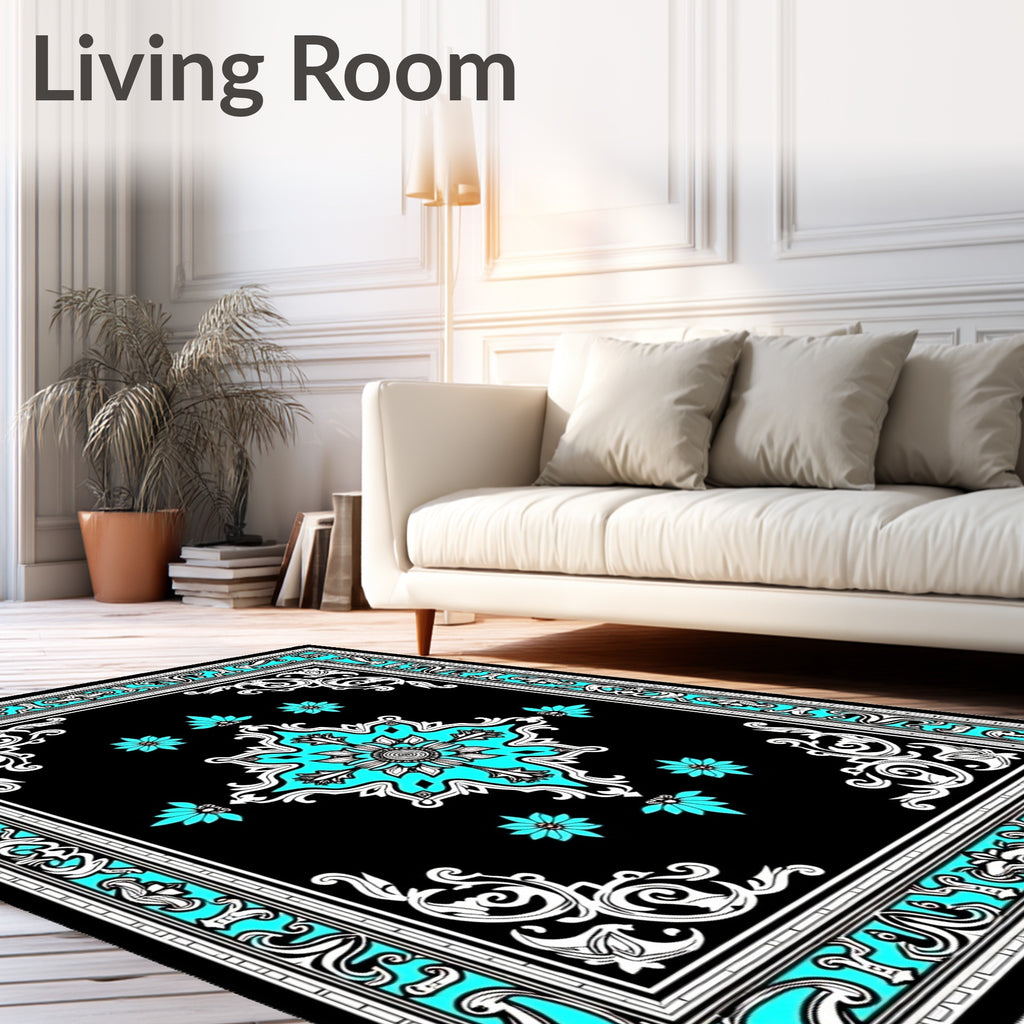Turquoise Floral Medallion Black Rug