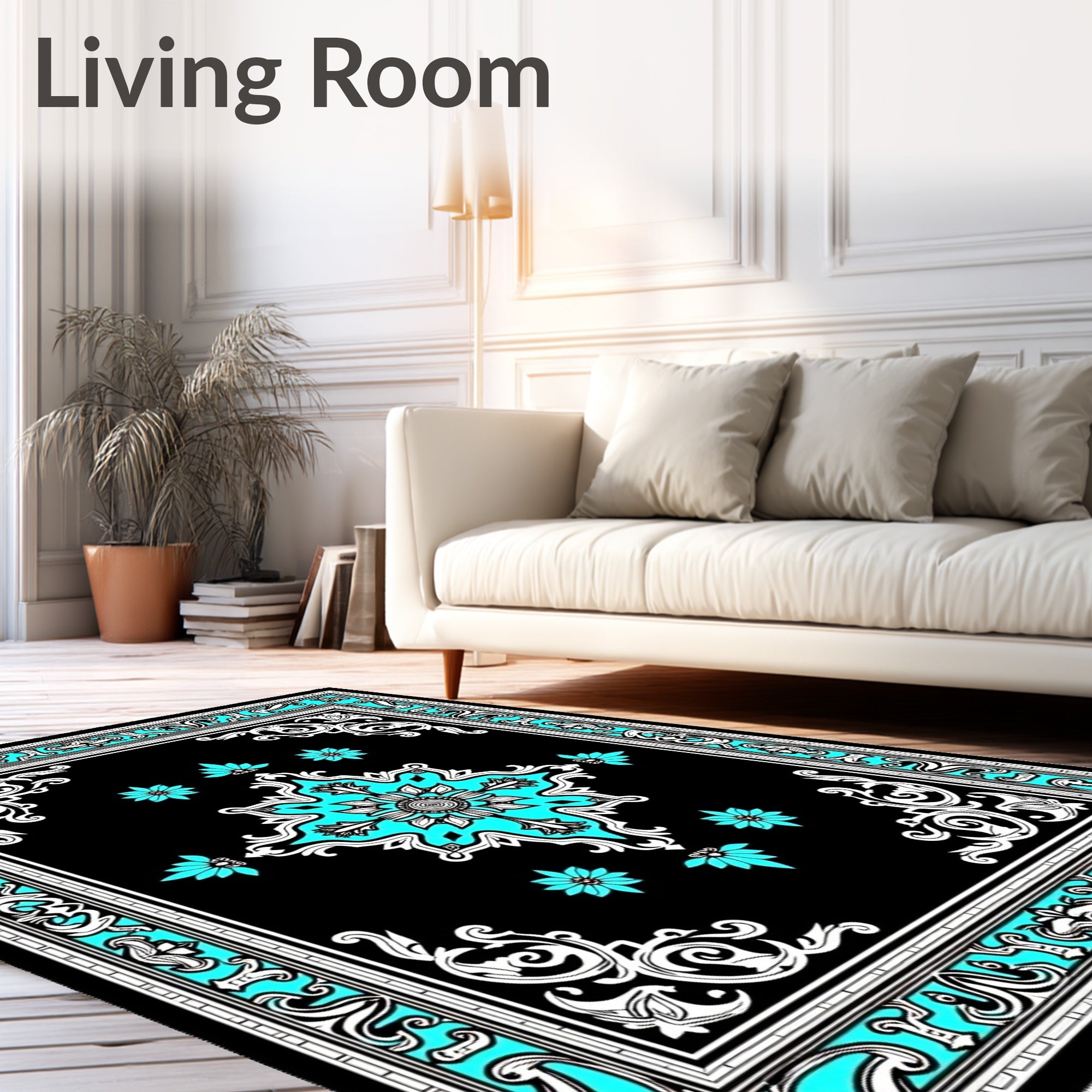 Turquoise Floral Medallion Black Rug