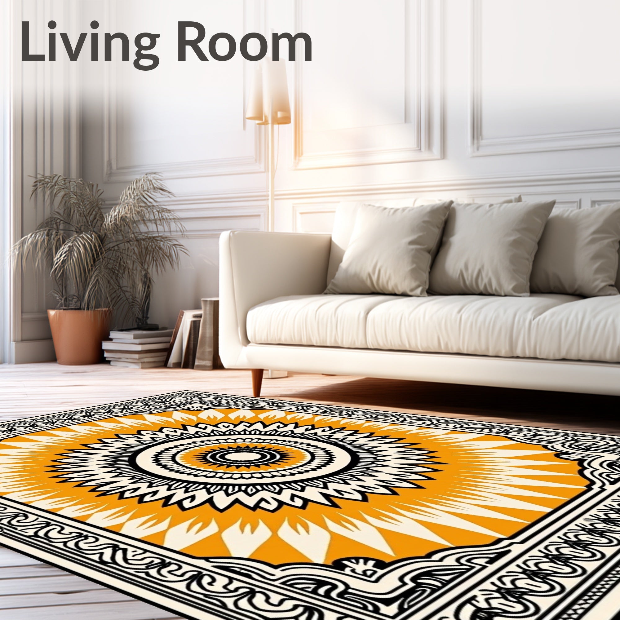 Radiant Orange Sunburst Mandala Frame Rug