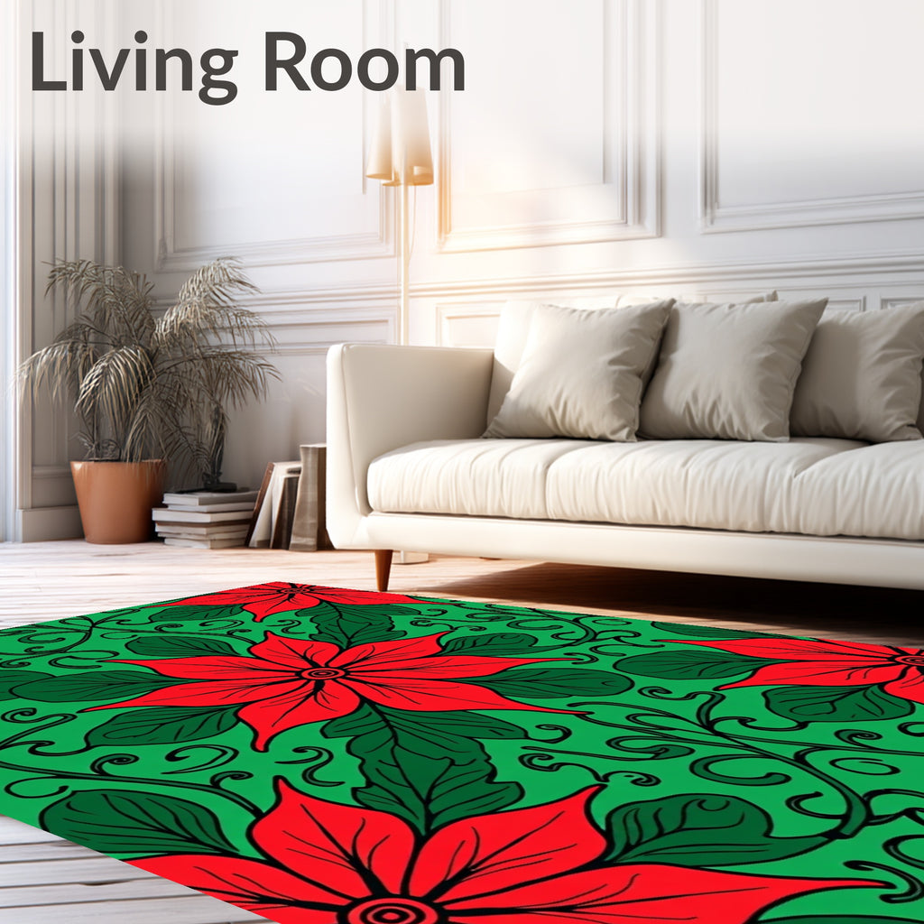 Crimson Poinsettia Swirl Green Rug