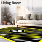 Bold Yellow Black White Soccer Graphic Rug