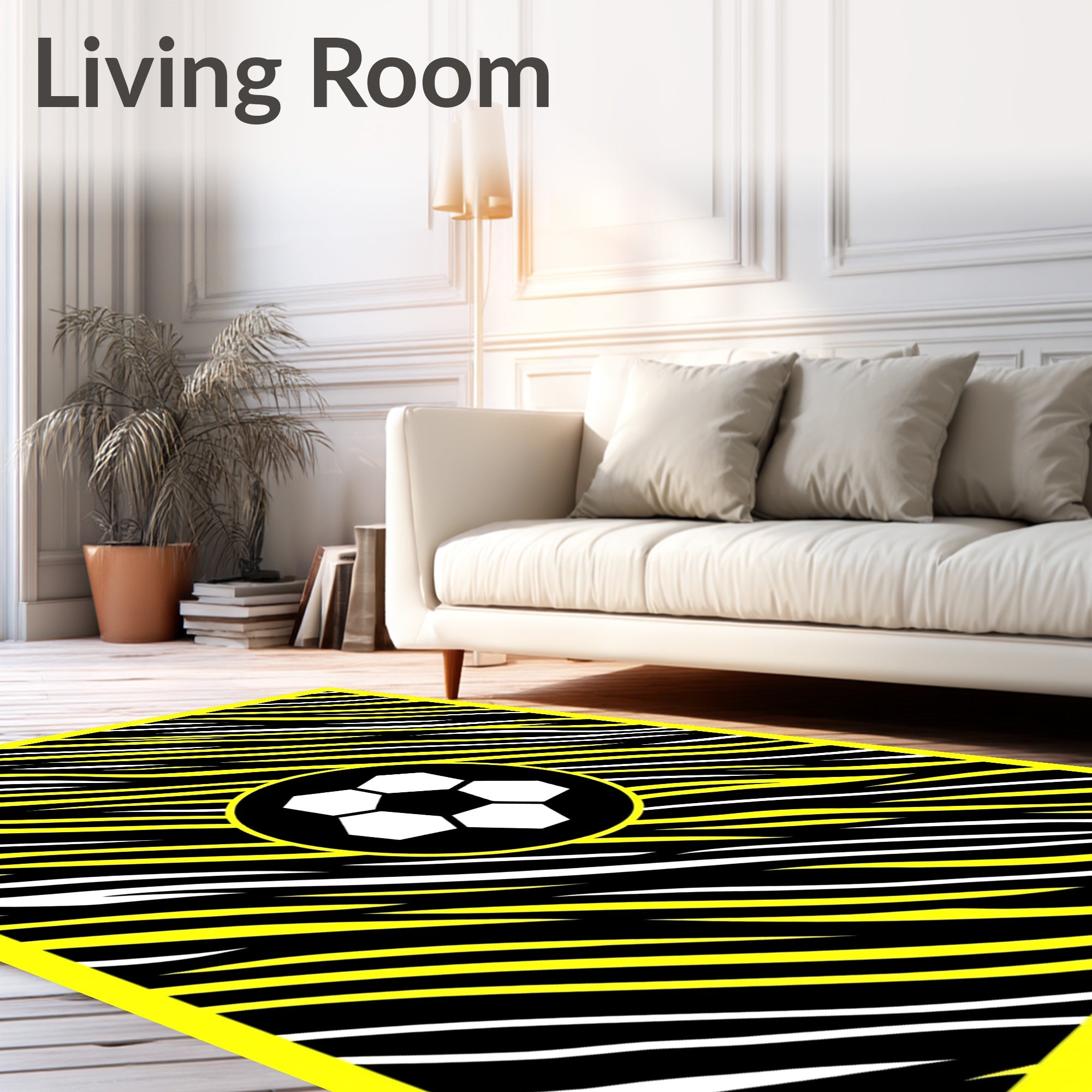 Bold Yellow Black White Soccer Graphic Rug