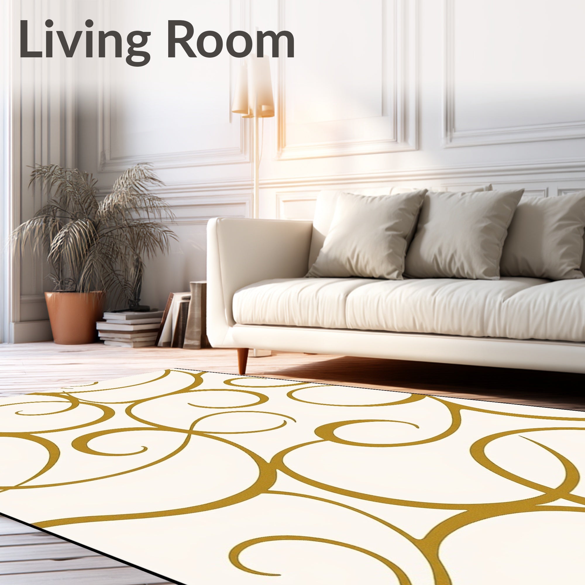 Golden Swirls Curlicues on Cream Rug
