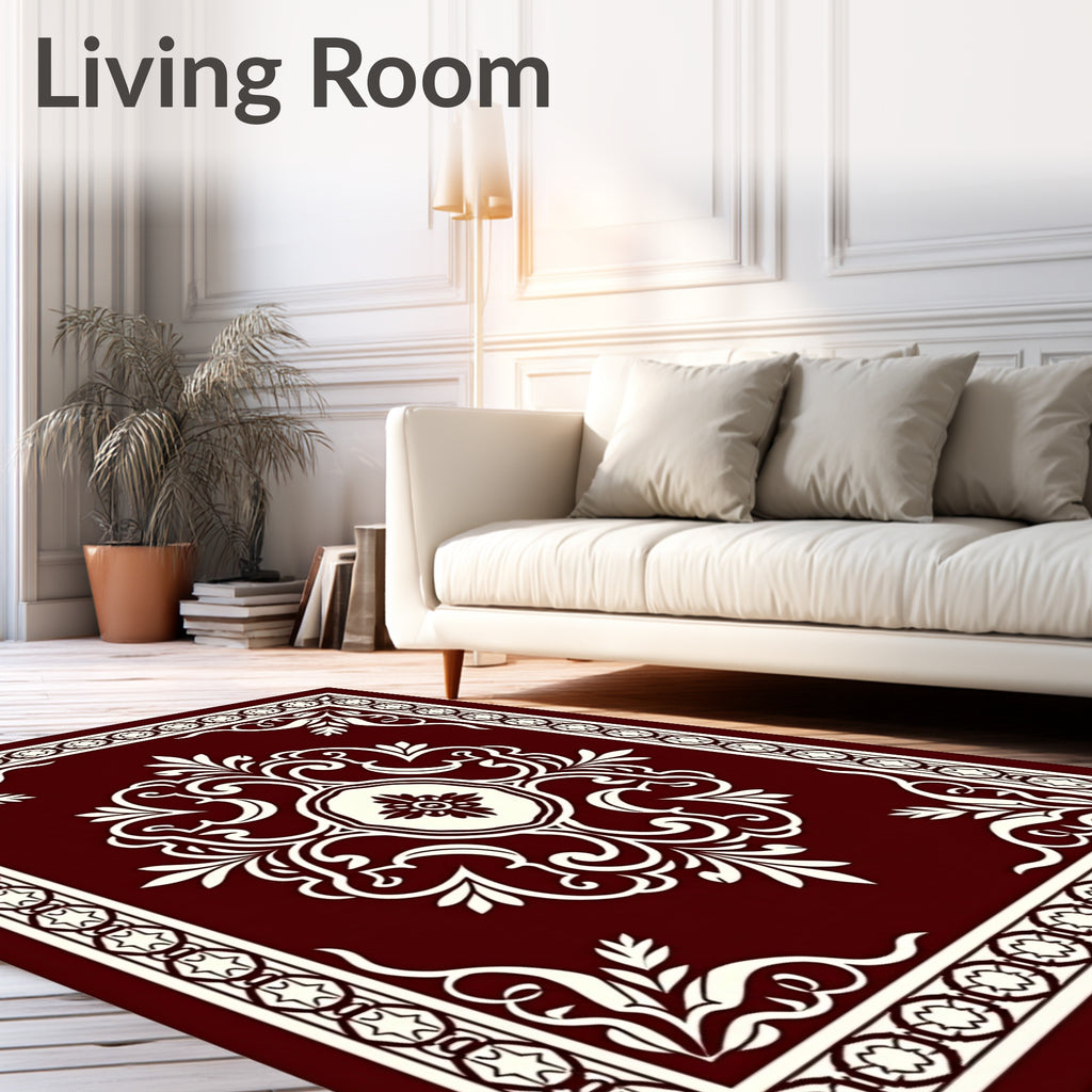 Deep Red Cream Ornamental Medallion Border Rug