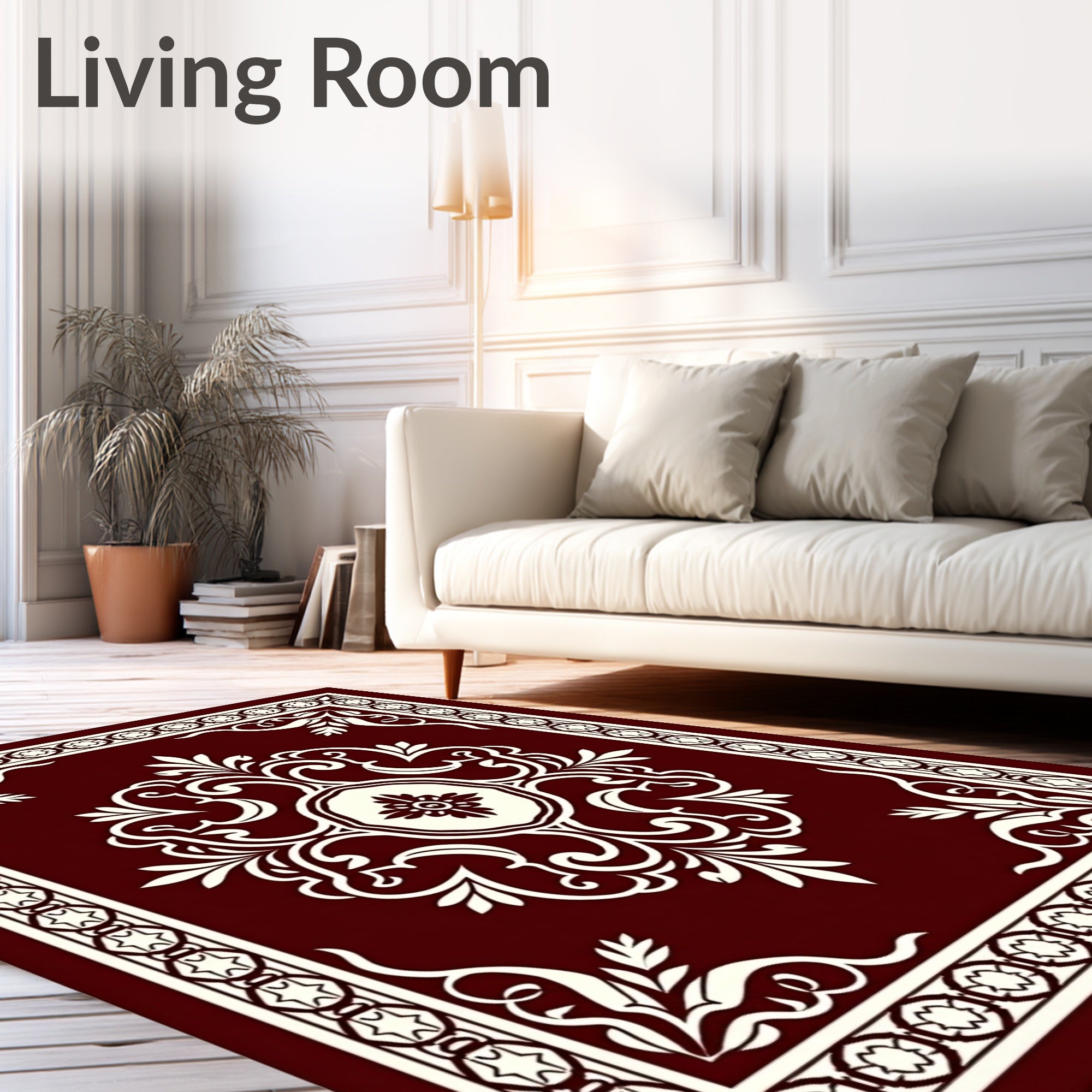 Deep Red Cream Ornamental Medallion Border Rug