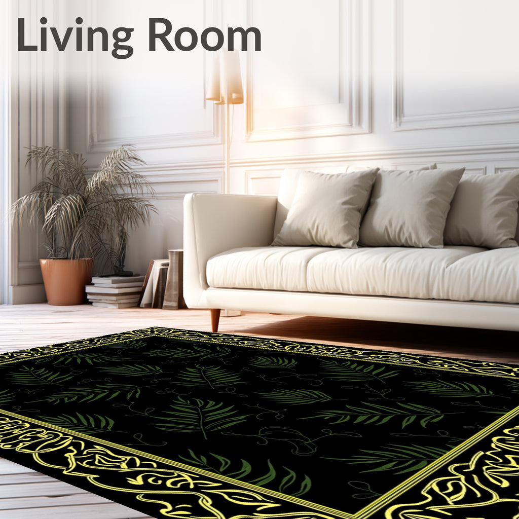 Black Green Fern Leaf Border Art Rug