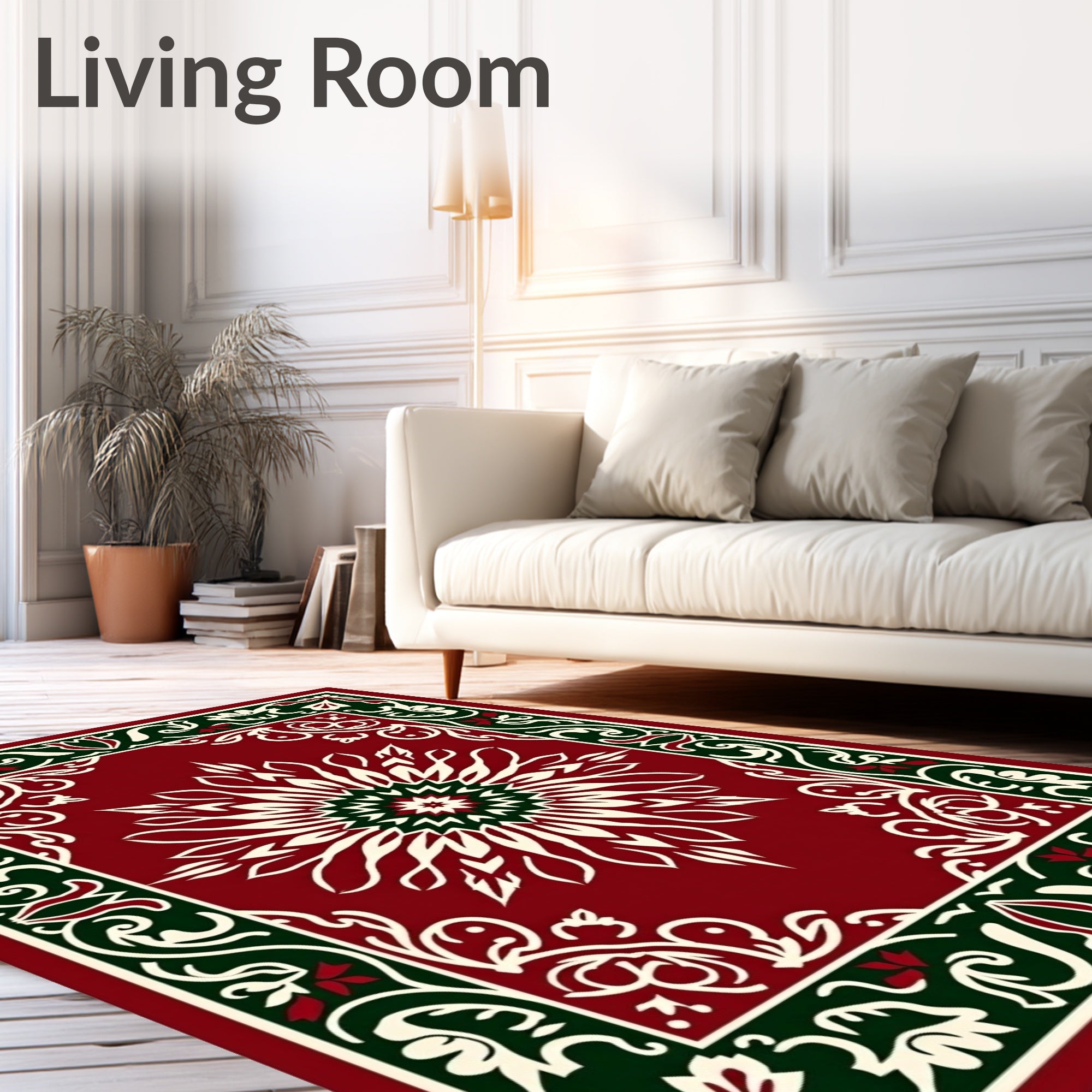 Crimson Cream Green Floral Medallion Overlay Rug