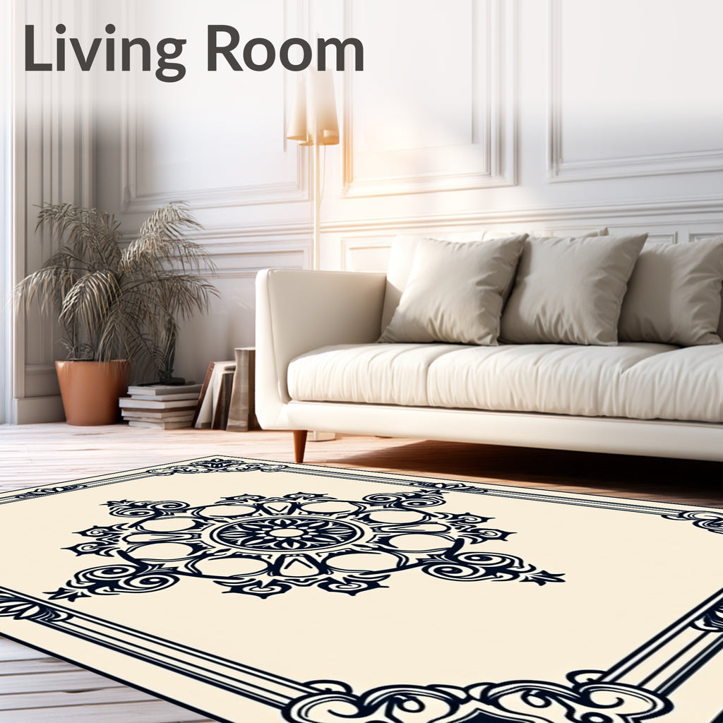 Classic Dark Blue Floral Medallion Frame Rug