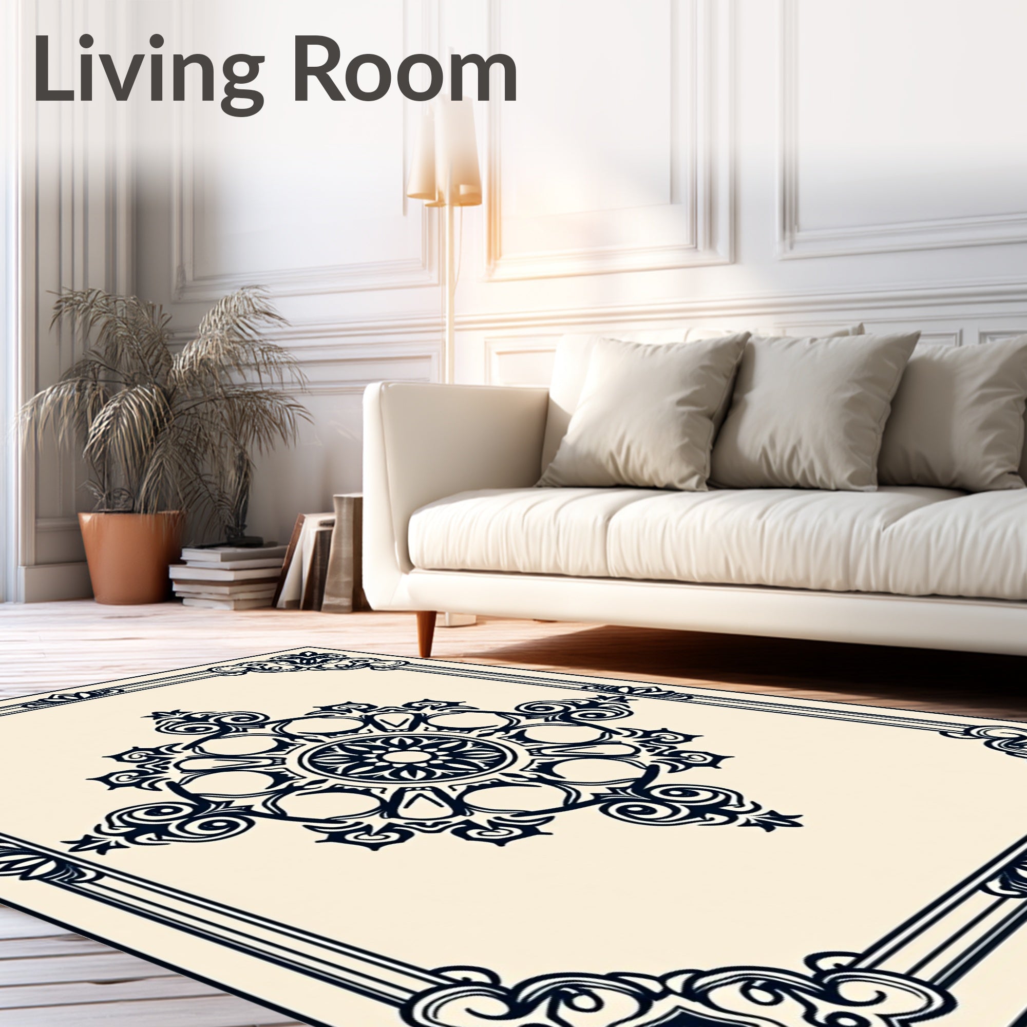 Classic Dark Blue Floral Medallion Frame Rug
