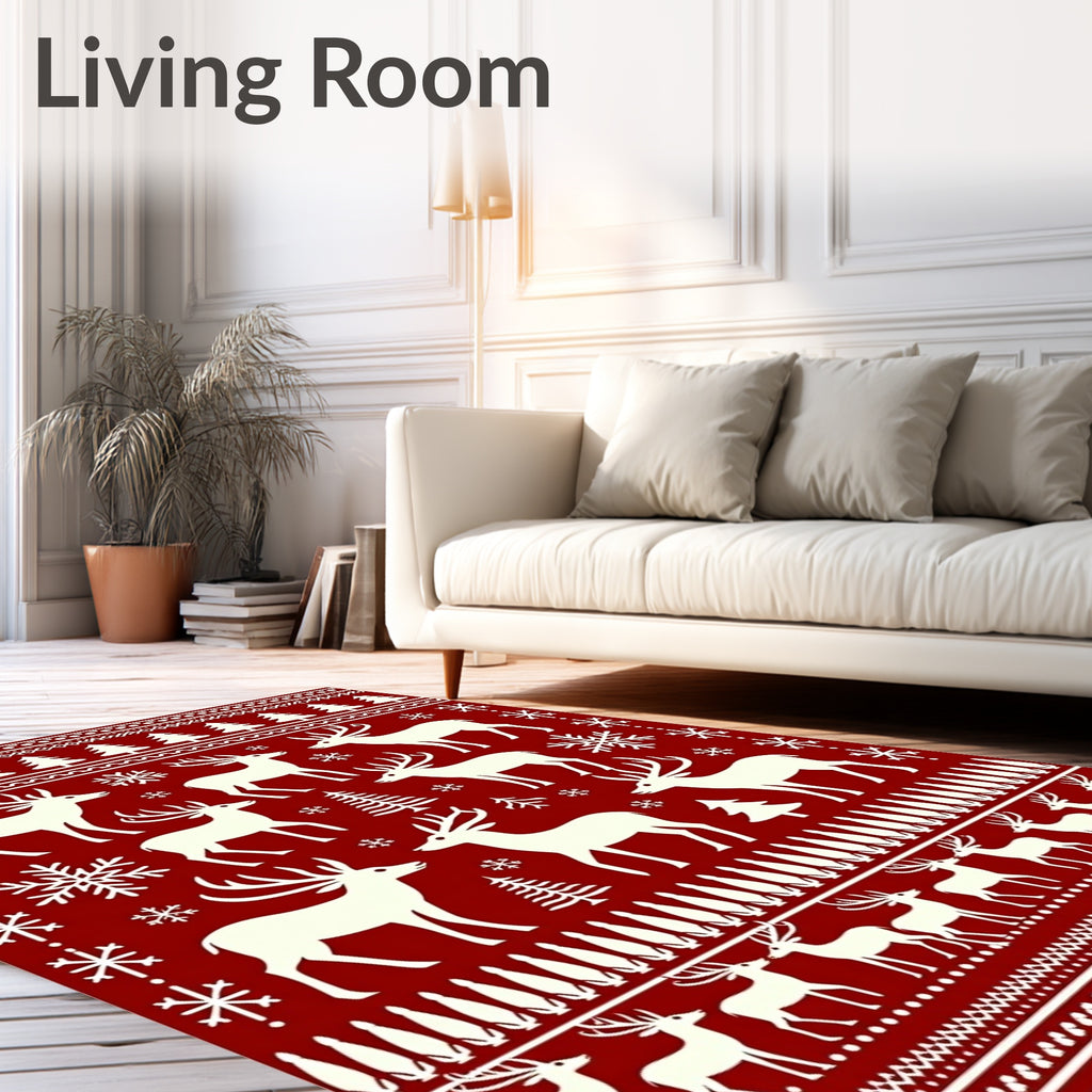Rustic Red Deer Snowflake Christmas Scene Rug