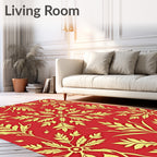 Golden Floral Burst Red Background Rug