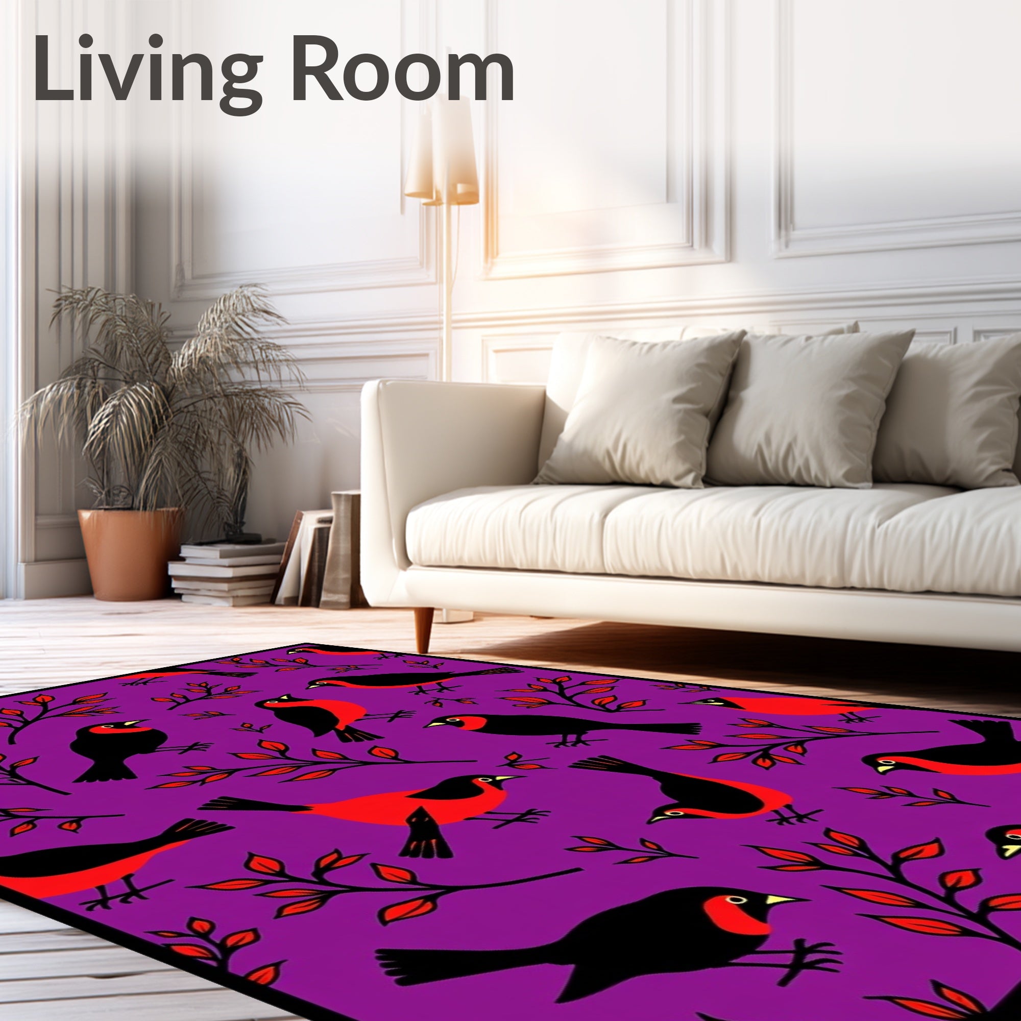 Purple Black Red Bird Foliage Scatter Rug