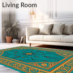 Ornate Teal and Gold Floral Medallion Rug