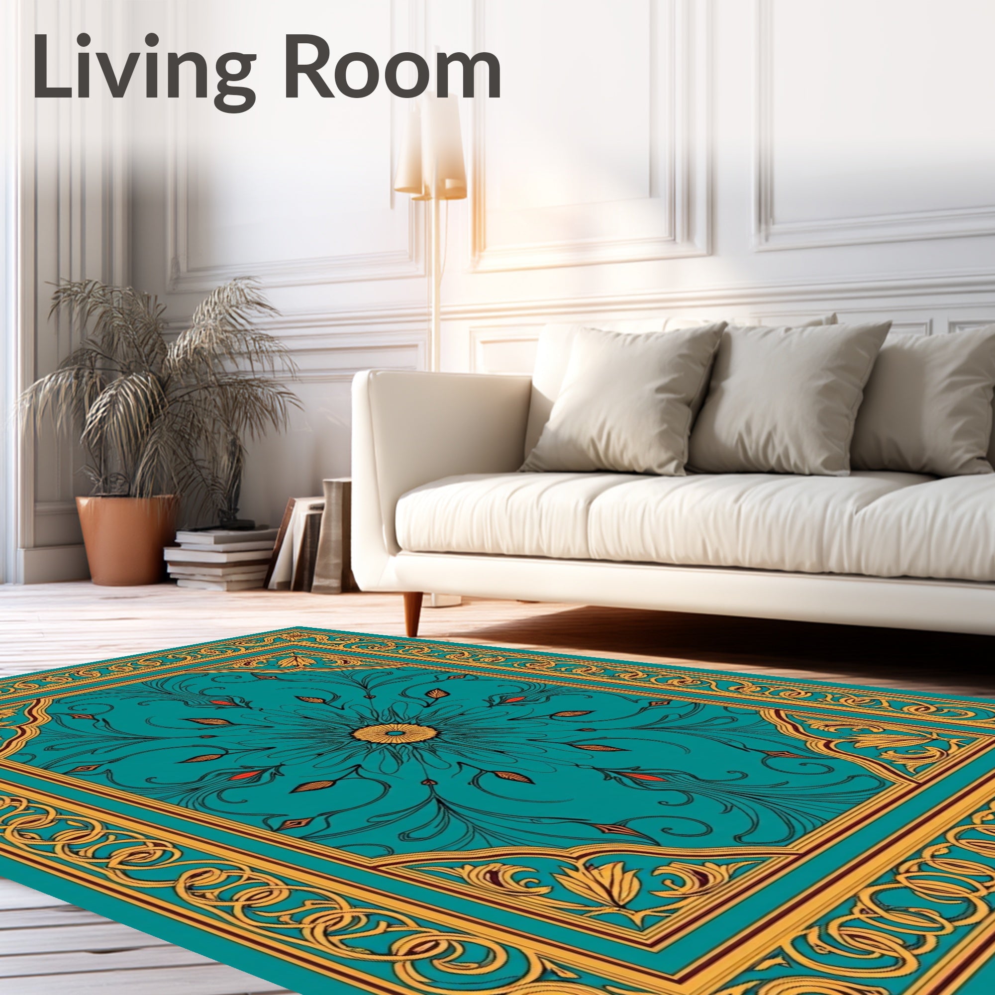 Ornate Teal and Gold Floral Medallion Rug