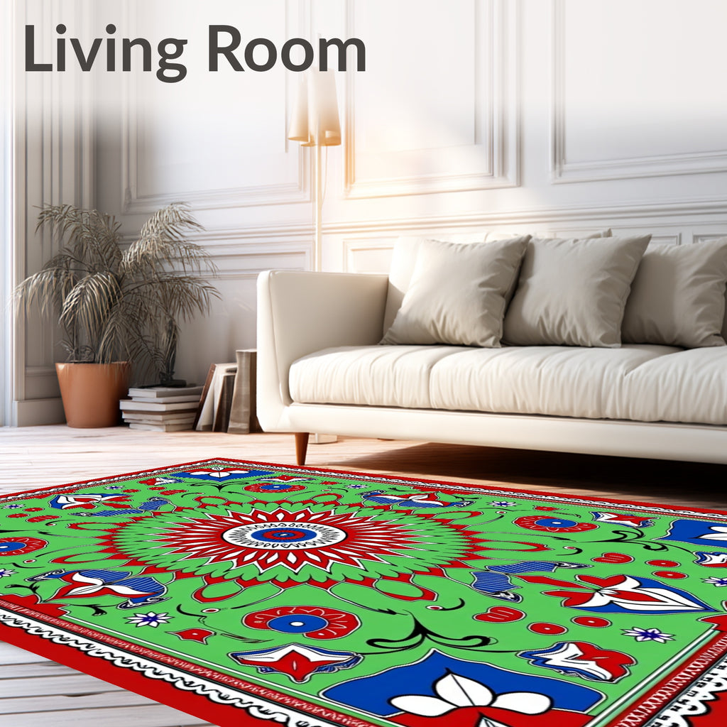 Vibrant Red Blue Green Floral Medallion Rug