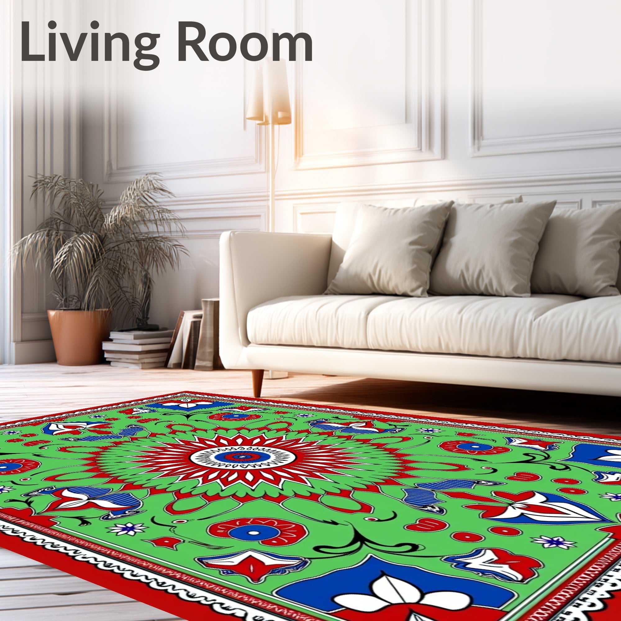 Vibrant Red Blue Green Floral Medallion Rug