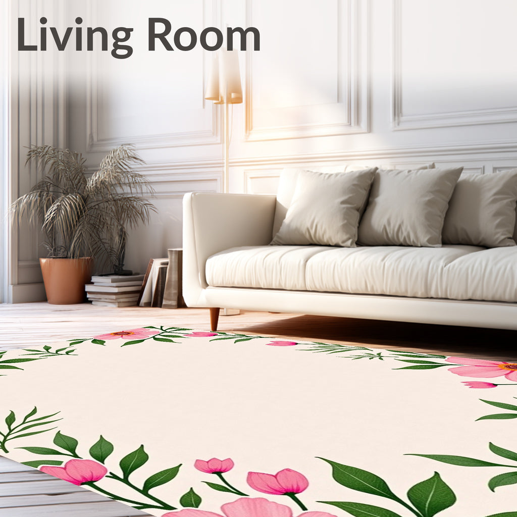 Pink Floral Border With Green Leaves Rug