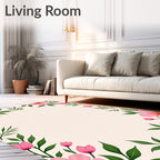 Pink Floral Border With Green Leaves Rug