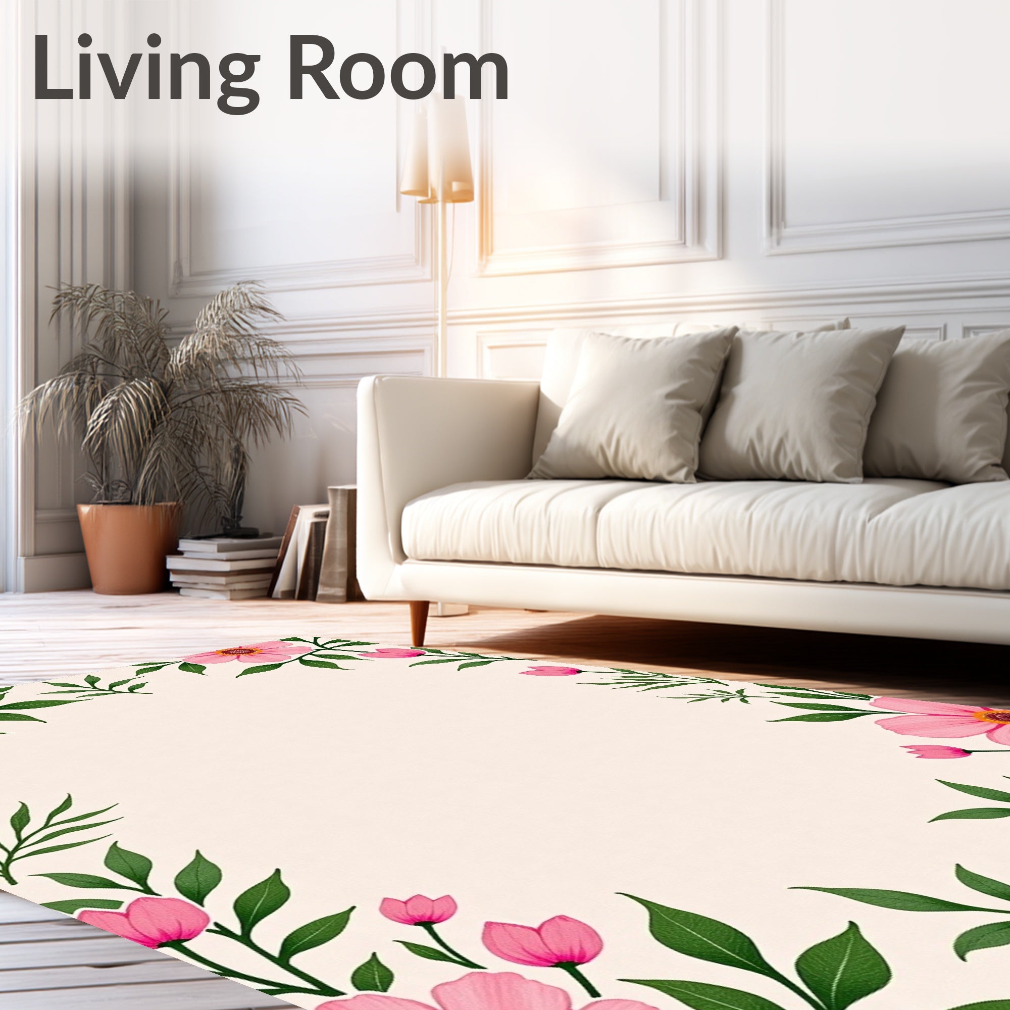 Pink Floral Border With Green Leaves Rug