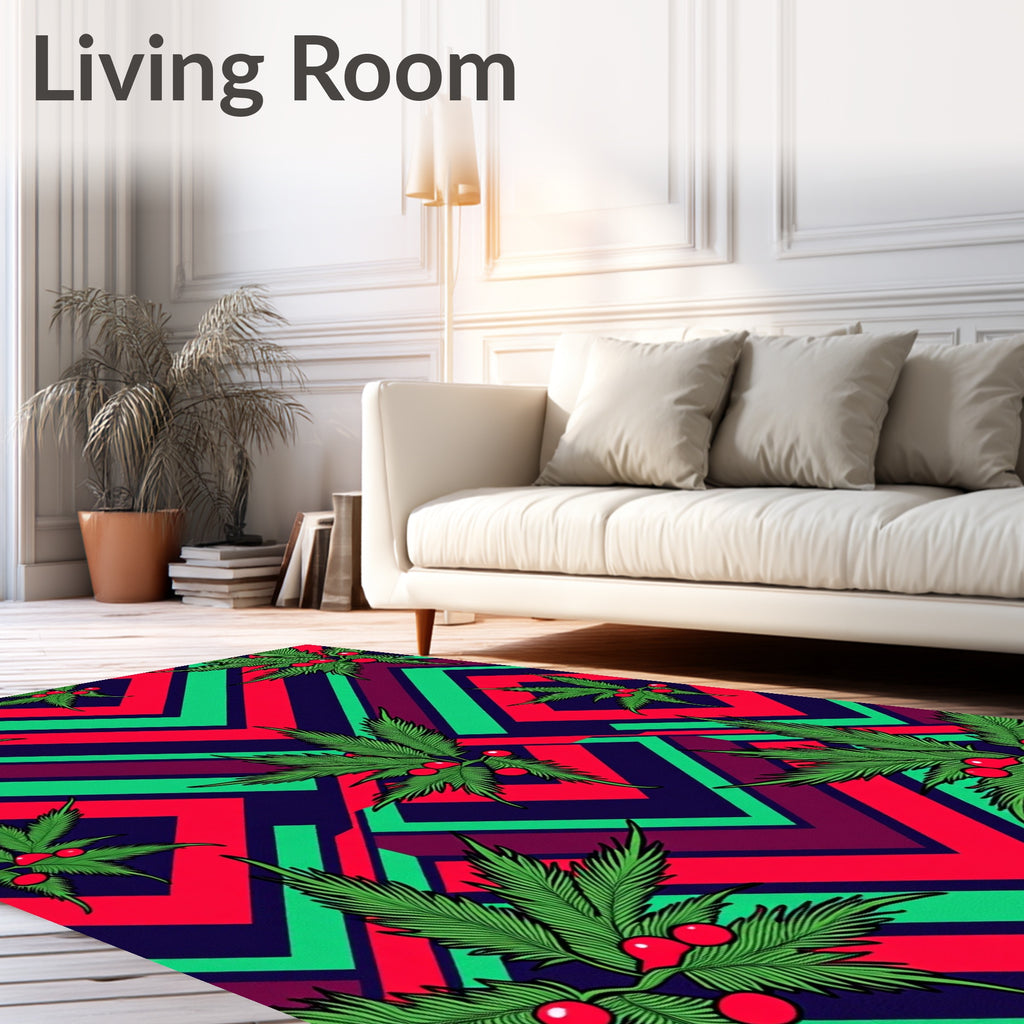 Bold Green Leaf Red Berry Geometric Rug