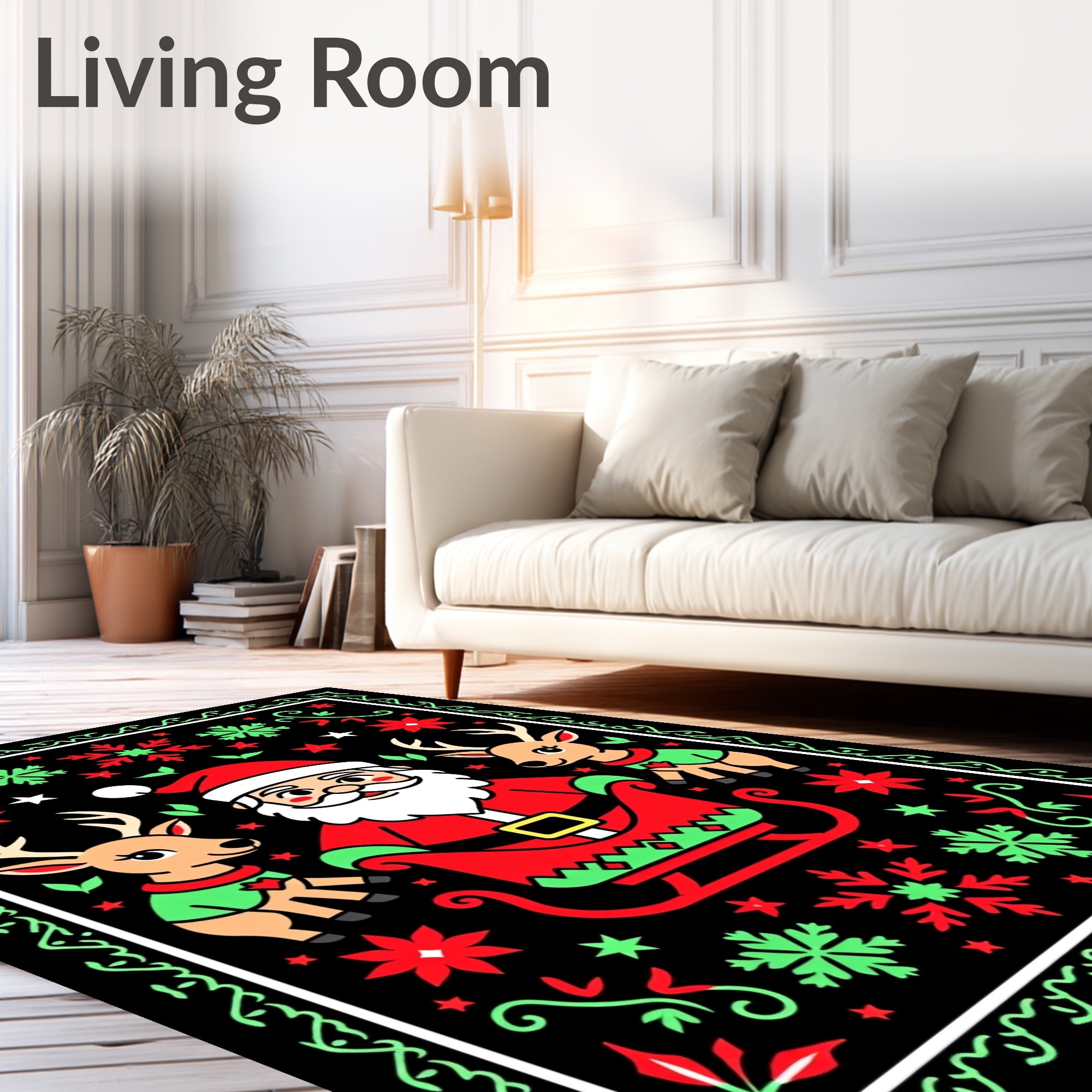 Whimsical Santa Sleigh Reindeer Holiday Rug