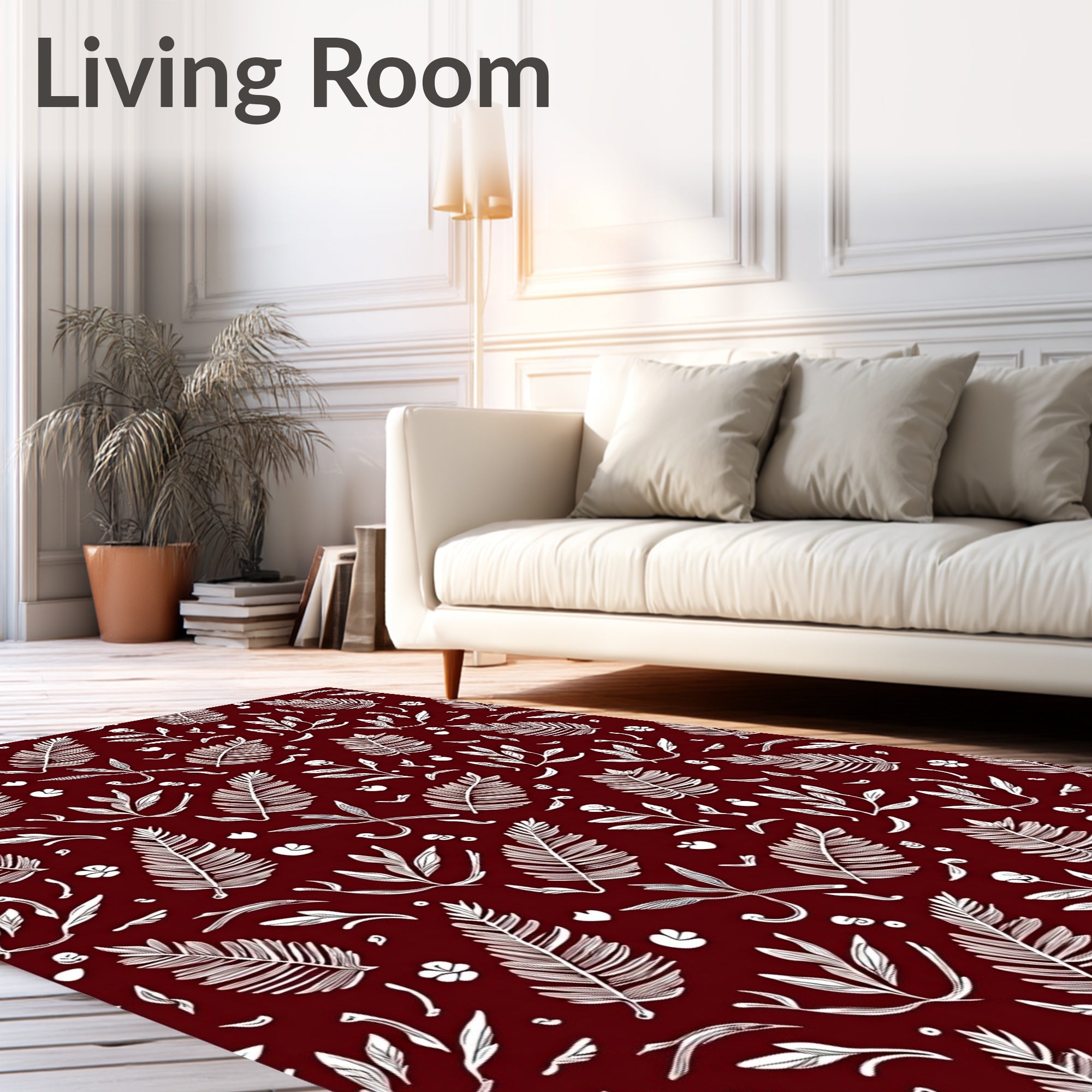 Deep Red Botanical Leaf Sprigs Rug