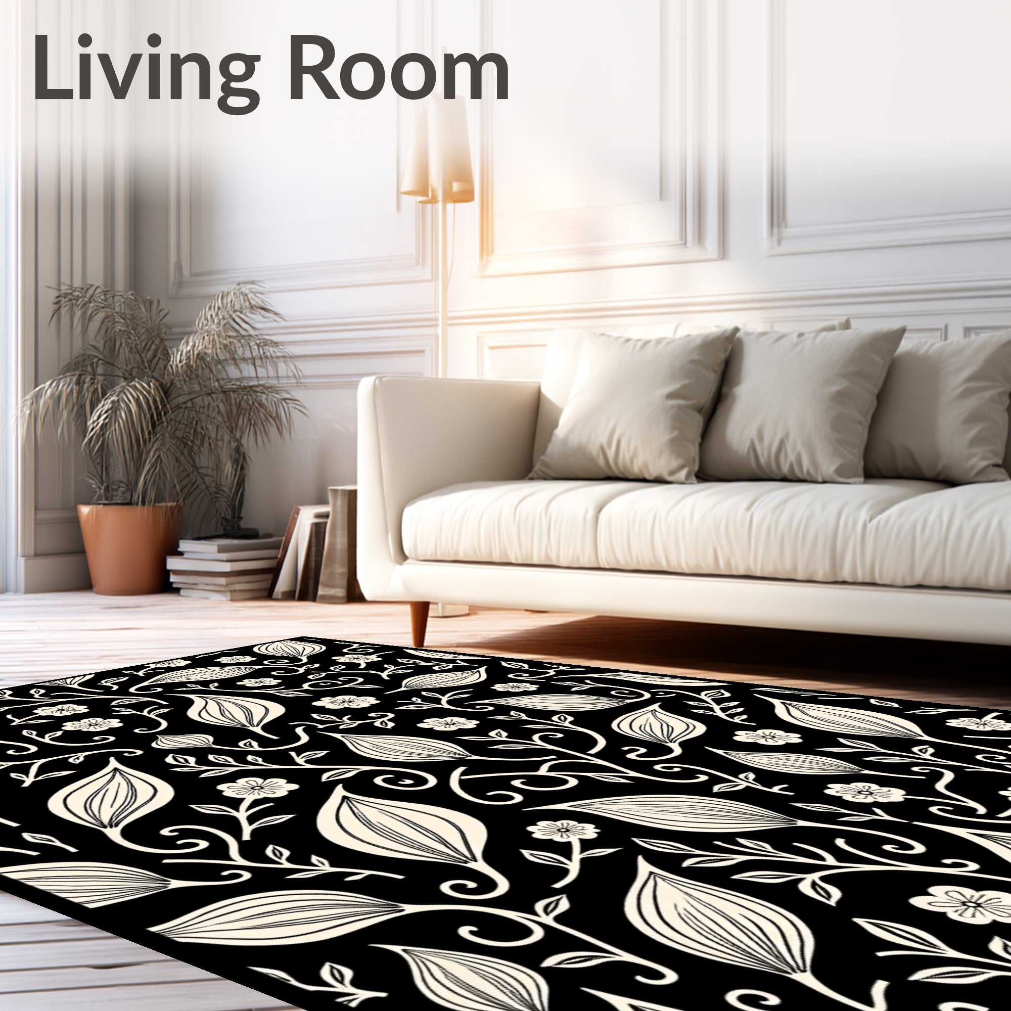 Cream Floral Vine Scrollwork Rug