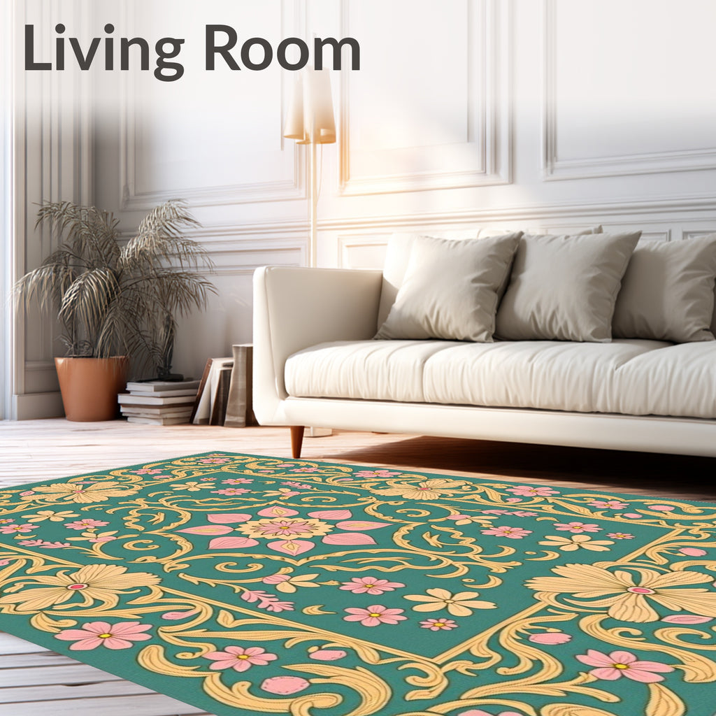 Teal Floral Garden with Pink Accents Rug