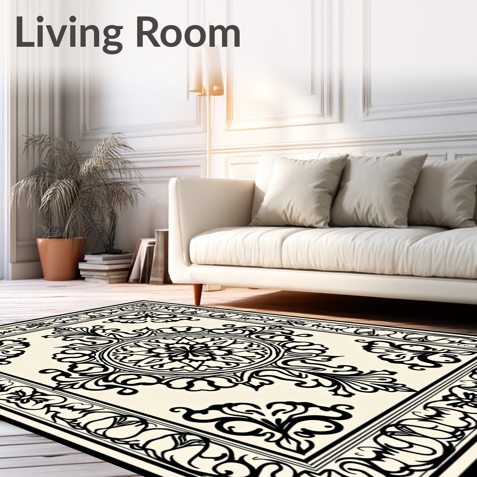 Classic Cream Black Floral Scroll Medallion Rug