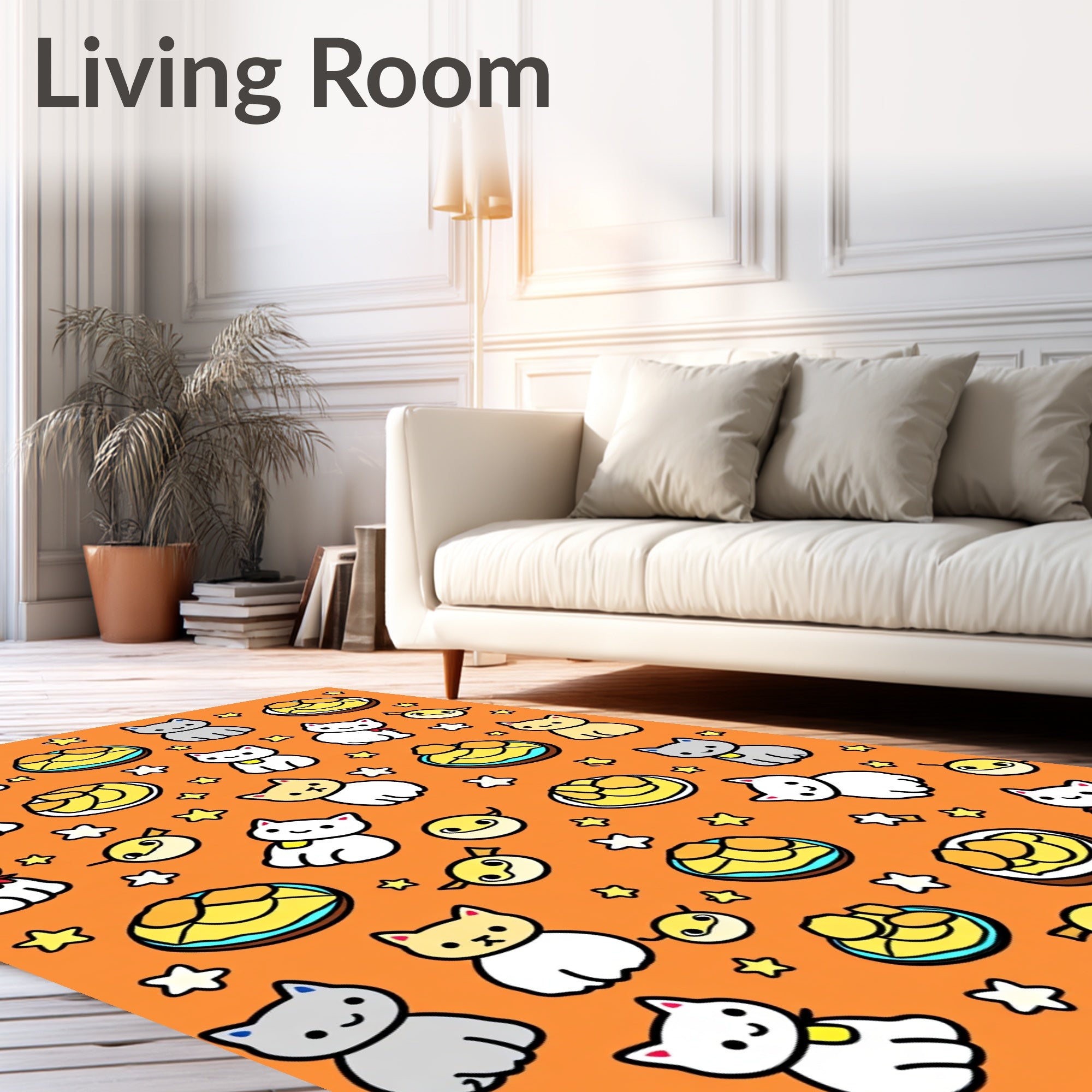 Cute Cats And Stars Orange Rug