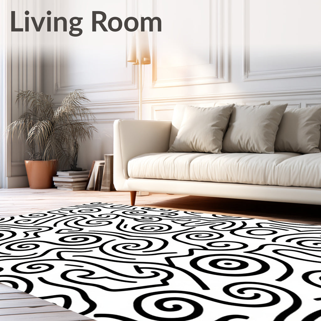Black White Whimsical Swirl Abstract Rug