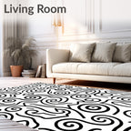 Black White Whimsical Swirl Abstract Rug
