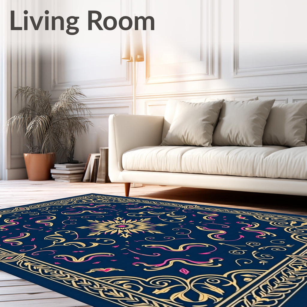 Navy Gold Pink Floral Medallion Accents Rug