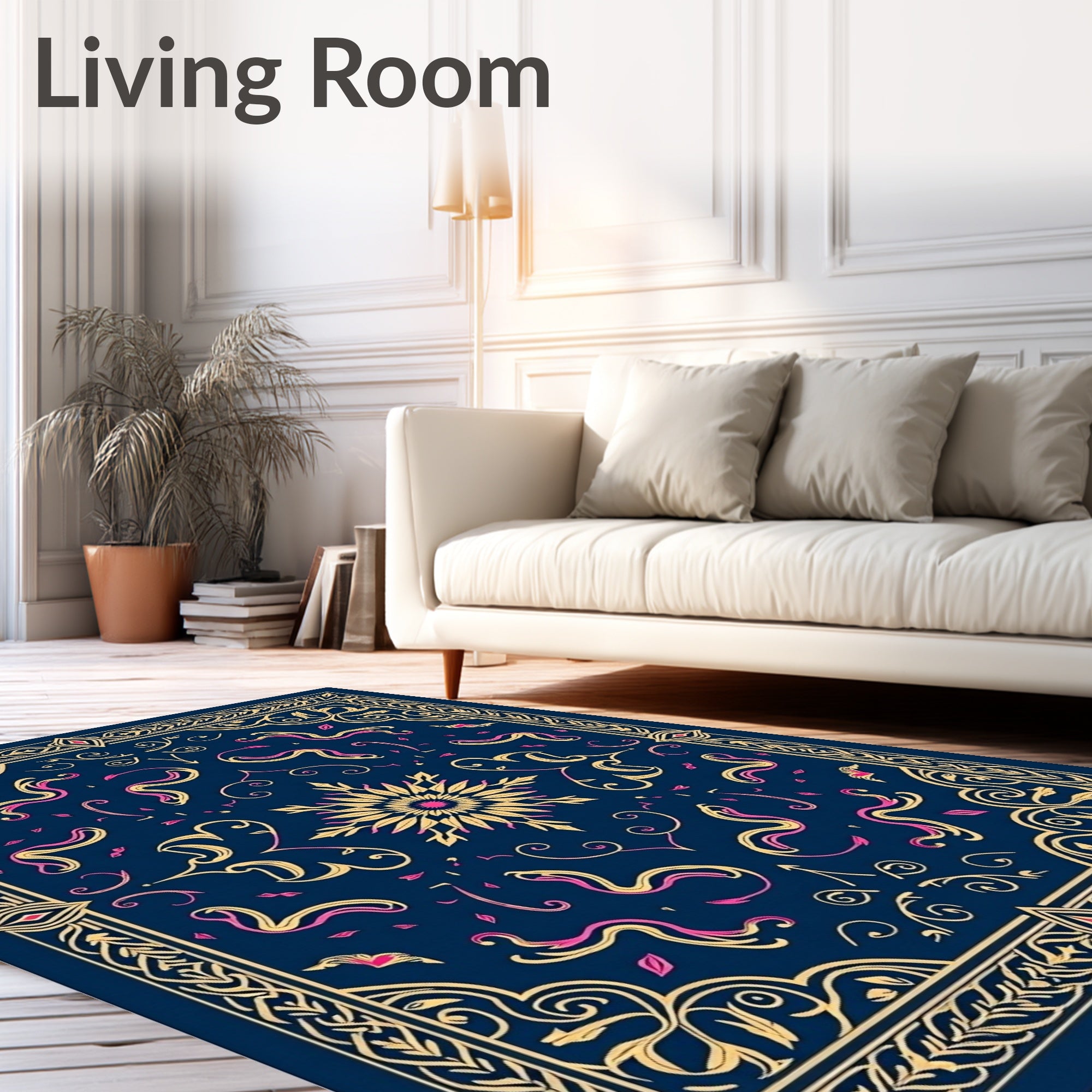 Navy Gold Pink Floral Medallion Accents Rug