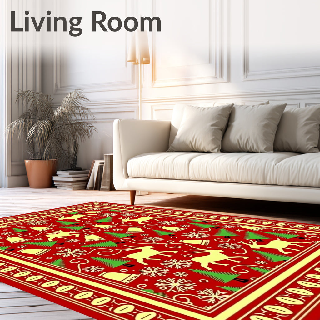Red Festive Reindeer Snowflakes Bells Trees Rug