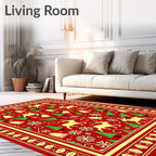 Red Festive Reindeer Snowflakes Bells Trees Rug