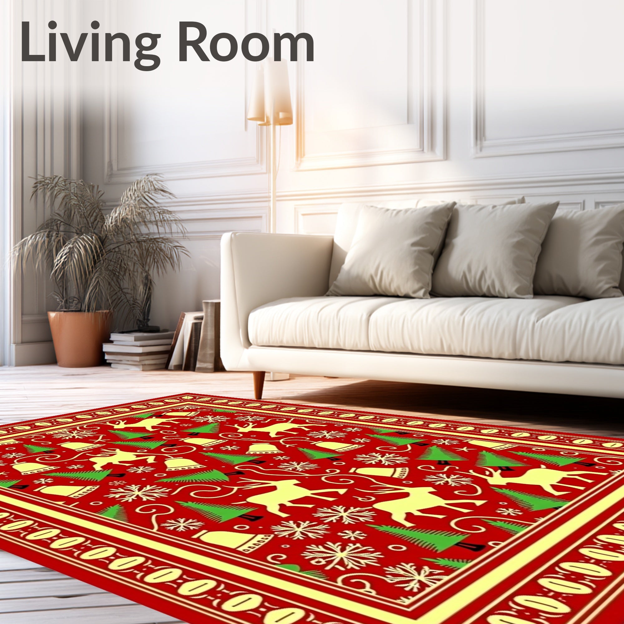 Red Festive Reindeer Snowflakes Bells Trees Rug