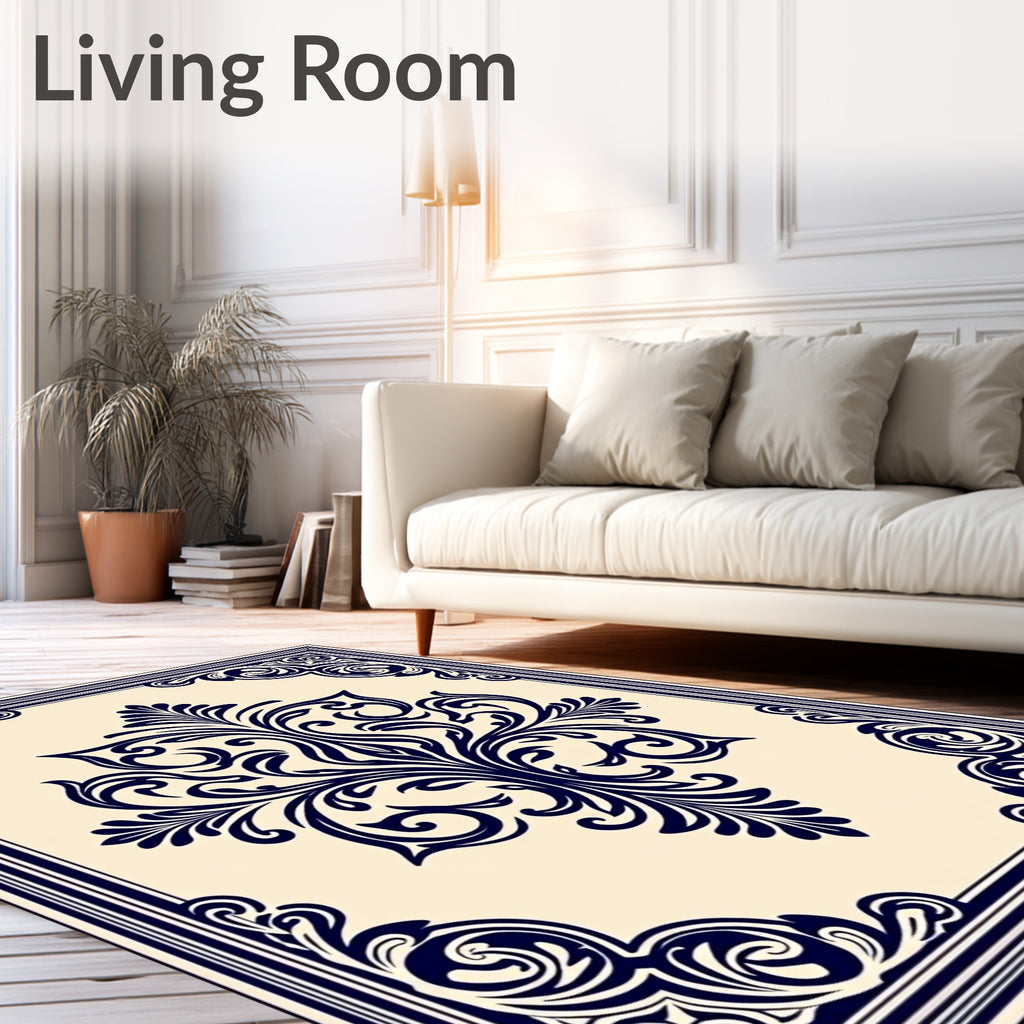 Navy Blue Floral Damask Scroll Rug
