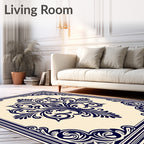 Navy Blue Floral Damask Scroll Rug