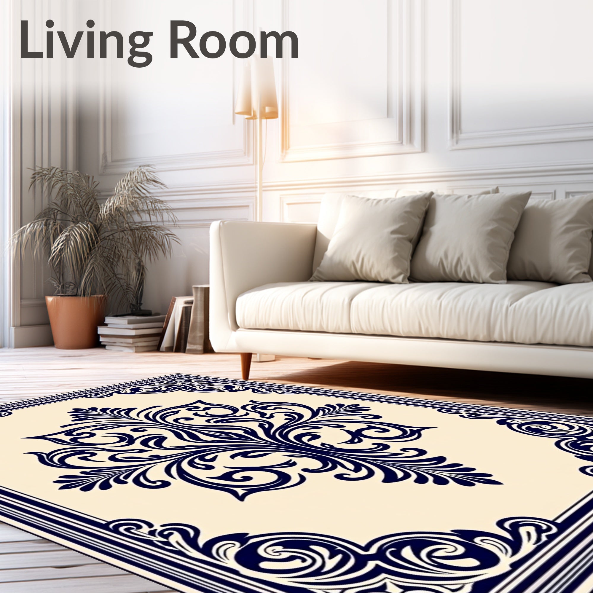 Navy Blue Floral Damask Scroll Rug