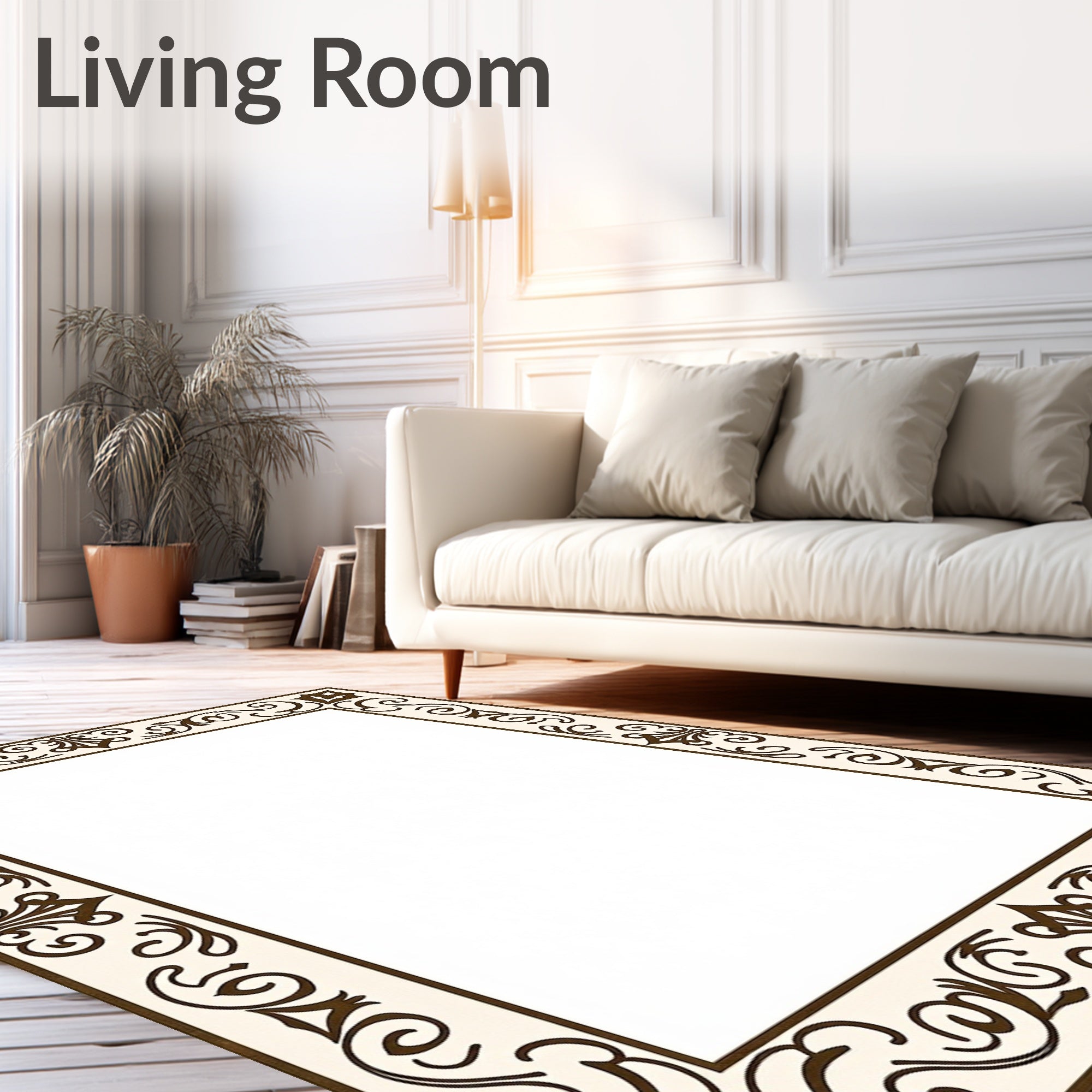Cream and Brown Ornate Floral Border Rug